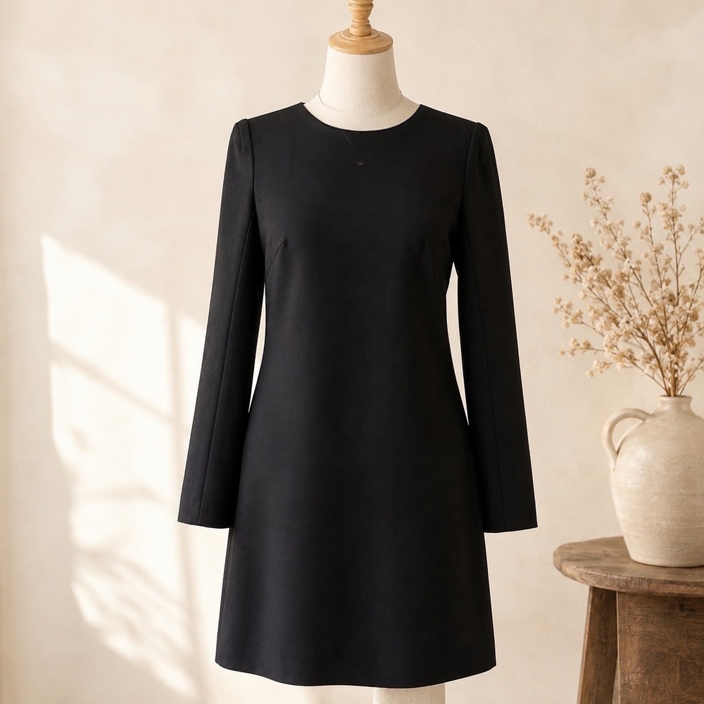 Theory NWT Black Wool Shift Dress Size 8 Long Sleeve Minimalist Quiet Luxury